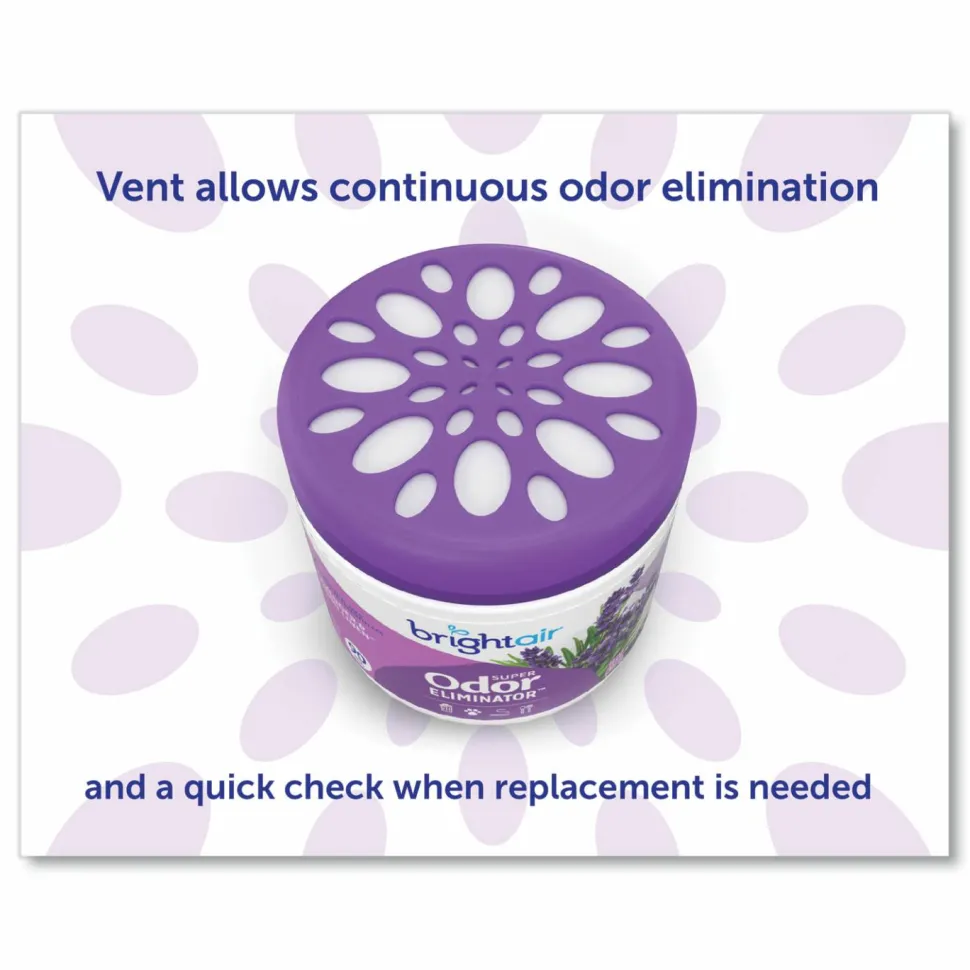 BRIGHT Air Super Odor Eliminator, Lavender and Fresh Linen, Purple, 14 oz Jar, 6/Carton