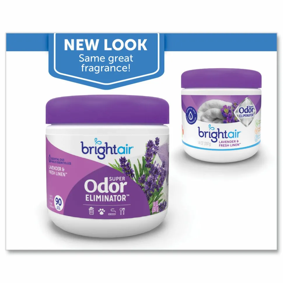 BRIGHT Air Super Odor Eliminator, Lavender and Fresh Linen, Purple, 14 oz Jar, 6/Carton