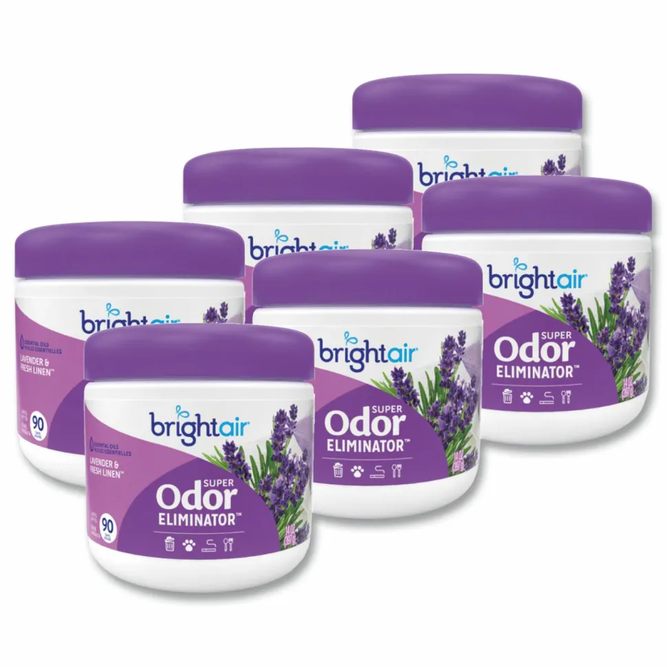 BRIGHT Air Super Odor Eliminator, Lavender and Fresh Linen, Purple, 14 oz Jar, 6/Carton
