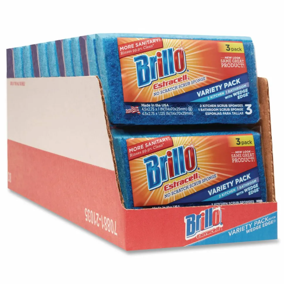 Brillo Estracell Scrub Sponge Variety Pack, 1 Bath, 2 Kitchen, 4.5 x 2.75, 1.12" Thick, Blue/Purple/White, 3/Pack, 8 Packs/Carton