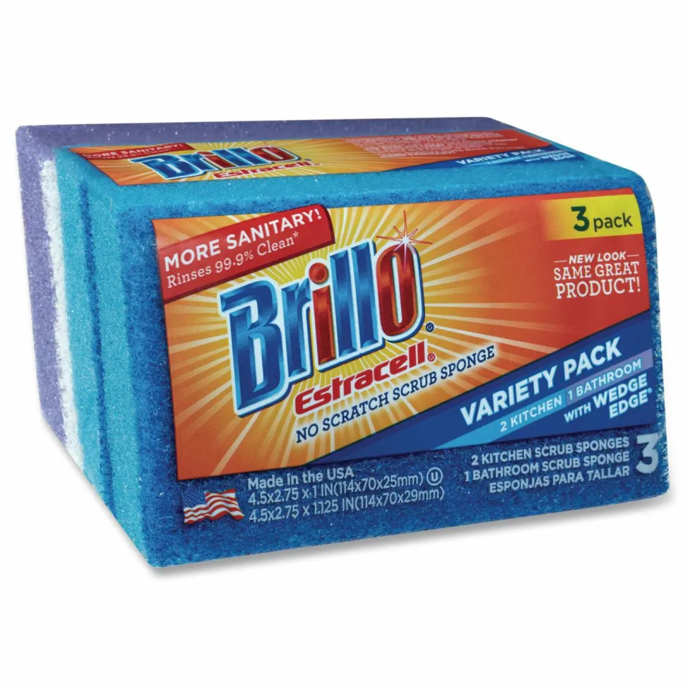 Brillo Estracell Scrub Sponge Variety Pack, 1 Bath, 2 Kitchen, 4.5 x 2.75, 1.12" Thick, Blue/Purple/White, 3/Pack, 8 Packs/Carton