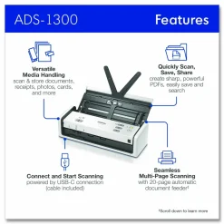 Brother ADS-1300 Compact Desktop Scanner, 600 dpi Optical Resolution, 20-Sheet Duplex Auto Document Feeder