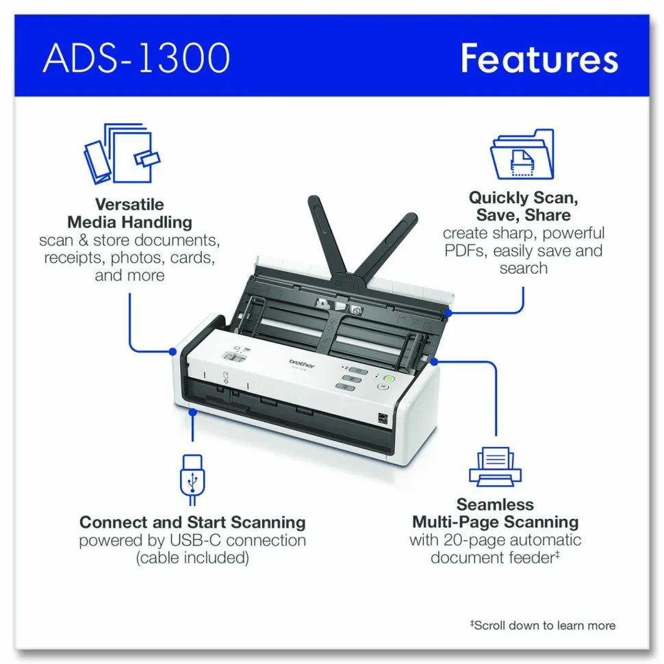 Brother ADS-1300 Compact Desktop Scanner, 600 dpi Optical Resolution, 20-Sheet Duplex Auto Document Feeder