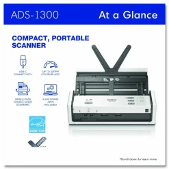 Brother ADS-1300 Compact Desktop Scanner, 600 dpi Optical Resolution, 20-Sheet Duplex Auto Document Feeder