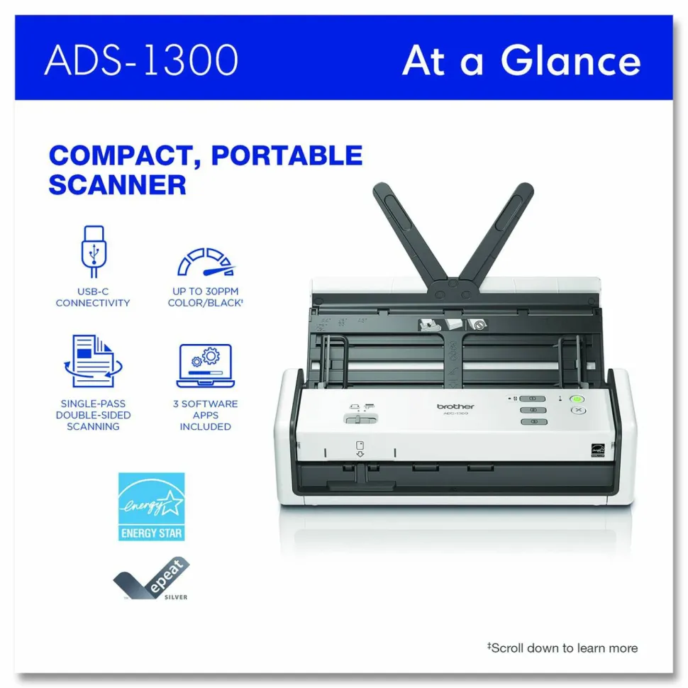 Brother ADS-1300 Compact Desktop Scanner, 600 dpi Optical Resolution, 20-Sheet Duplex Auto Document Feeder