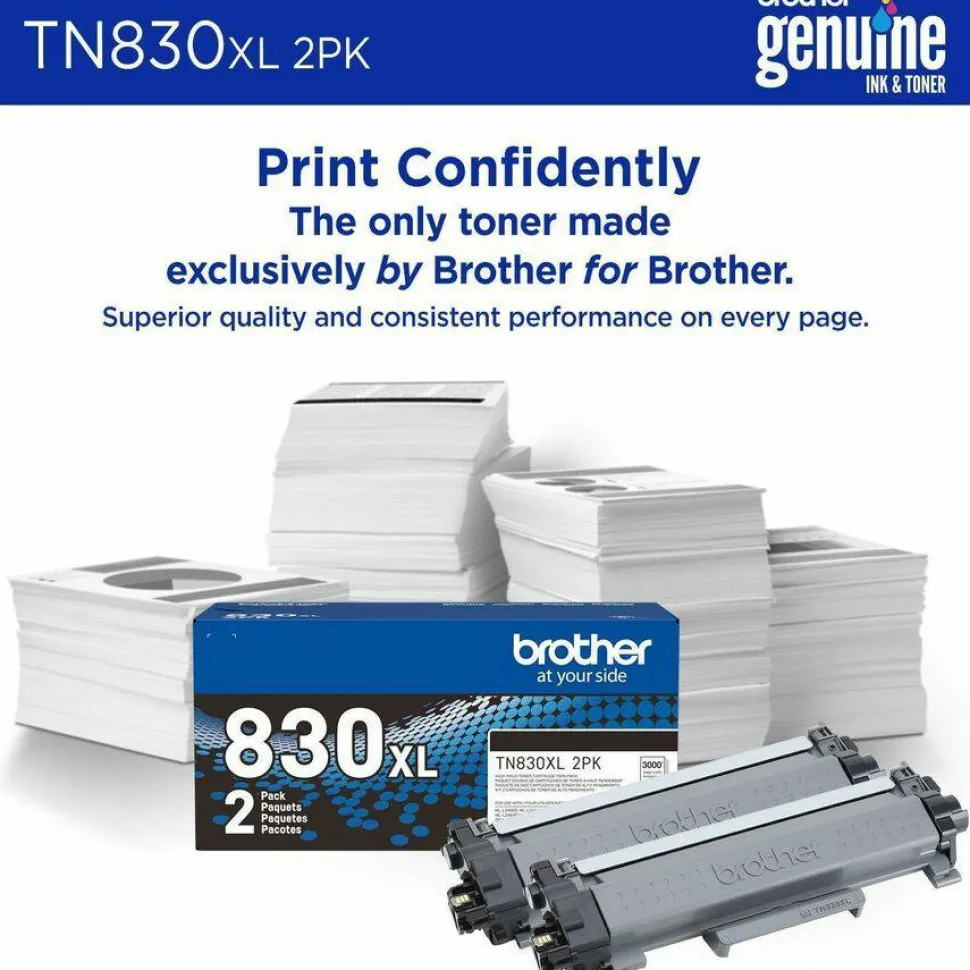 Brother Genuine TN830XL2PK Black High Yield Toner Cartridges, Pack Of 2
