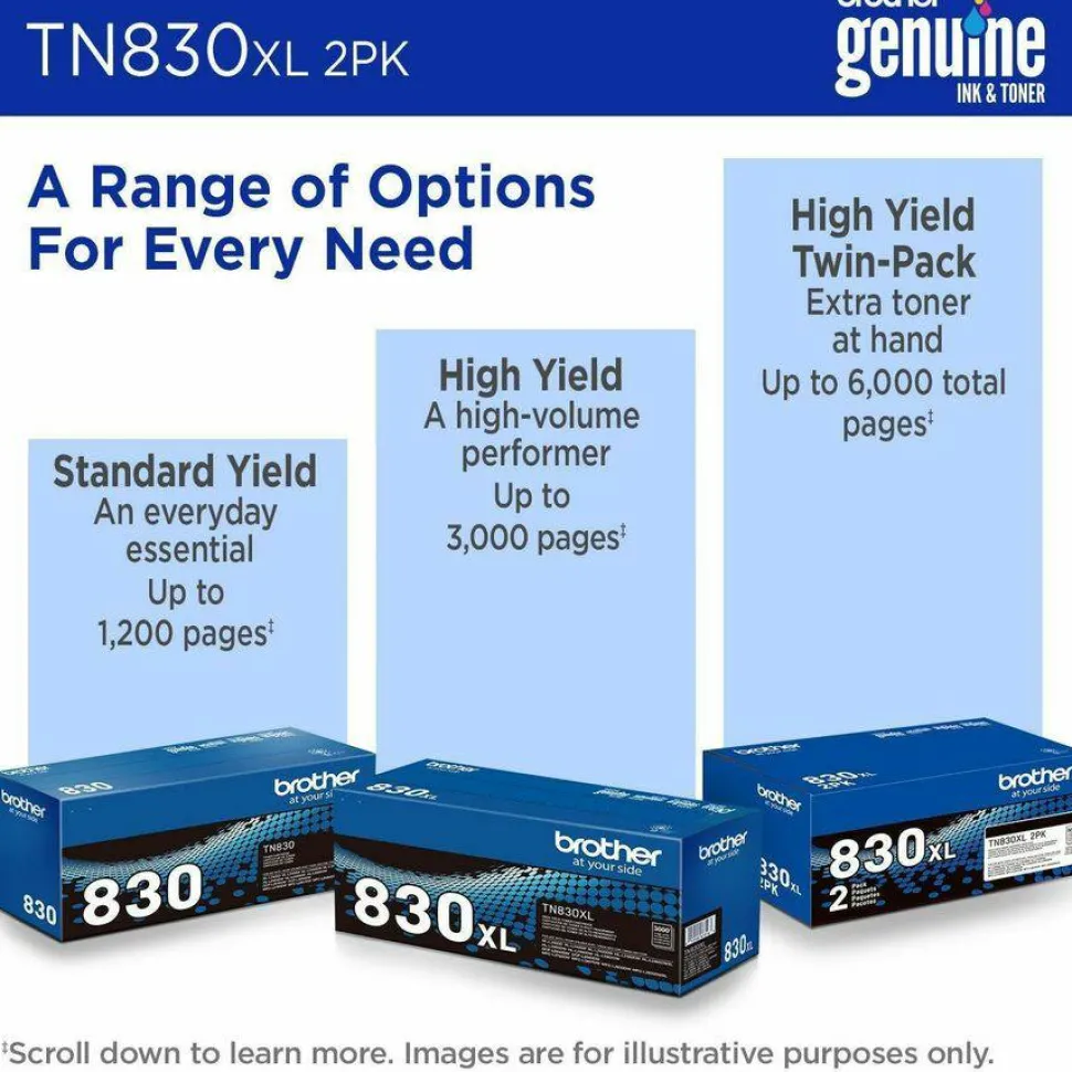 Brother Genuine TN830XL2PK Black High Yield Toner Cartridges, Pack Of 2