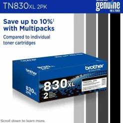 Brother Genuine TN830XL2PK Black High Yield Toner Cartridges, Pack Of 2