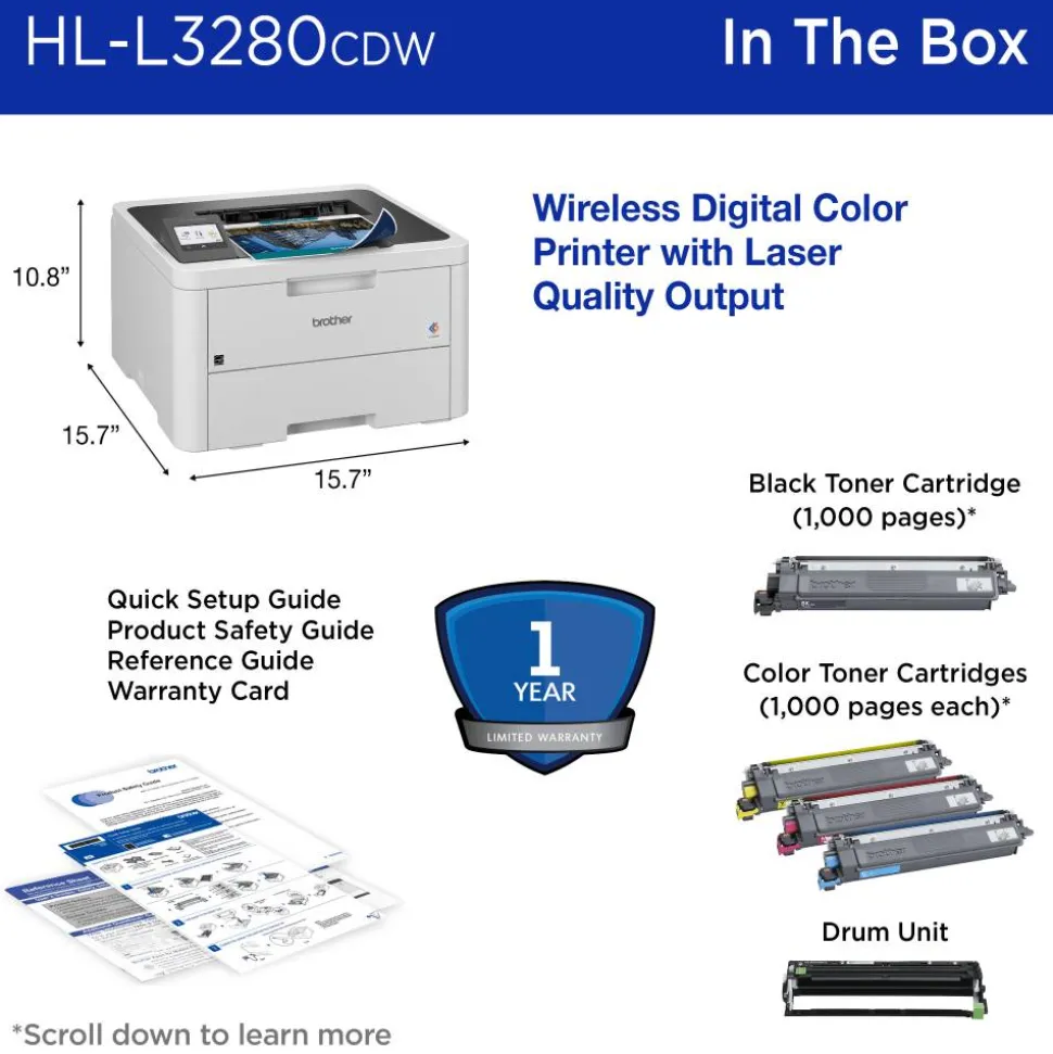 Brother HL-L3280CDW Wireless Compact Digital Laser Color Printer With Refresh EZ Print Eligibility