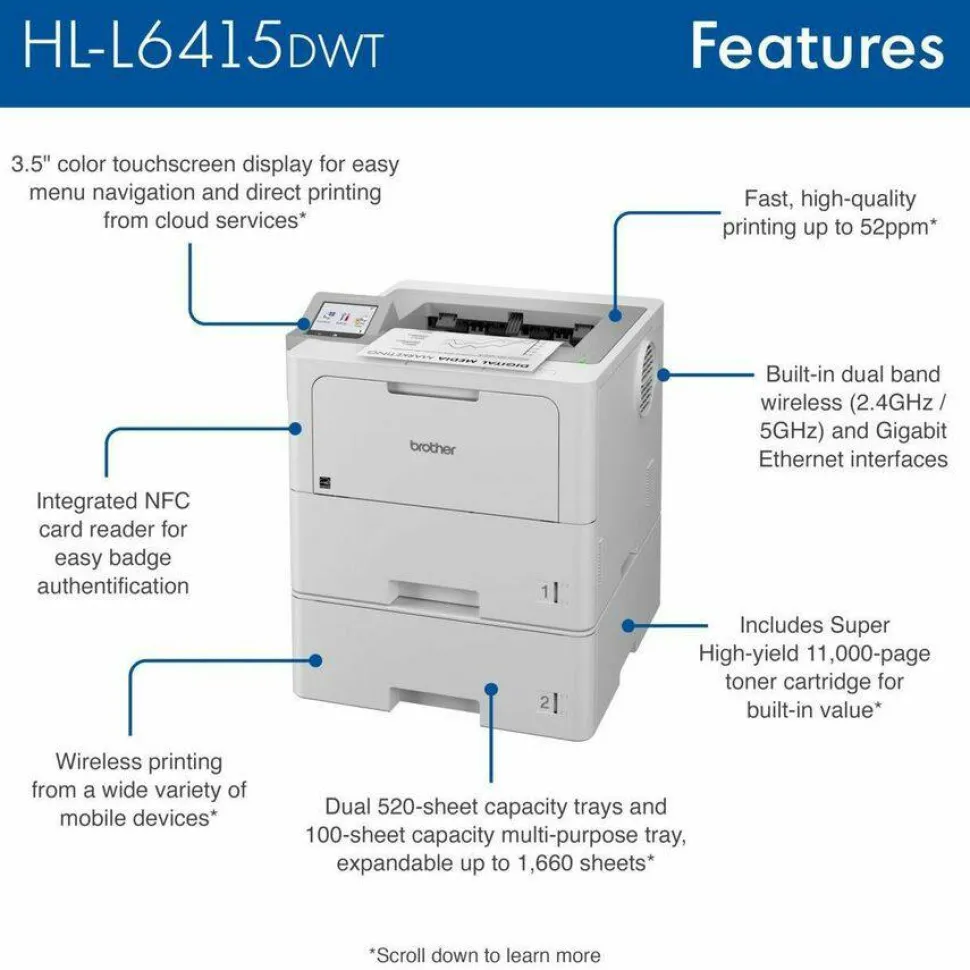 Brother HL-L6415DWT Desktop Wireless Laser Printer - Monochrome