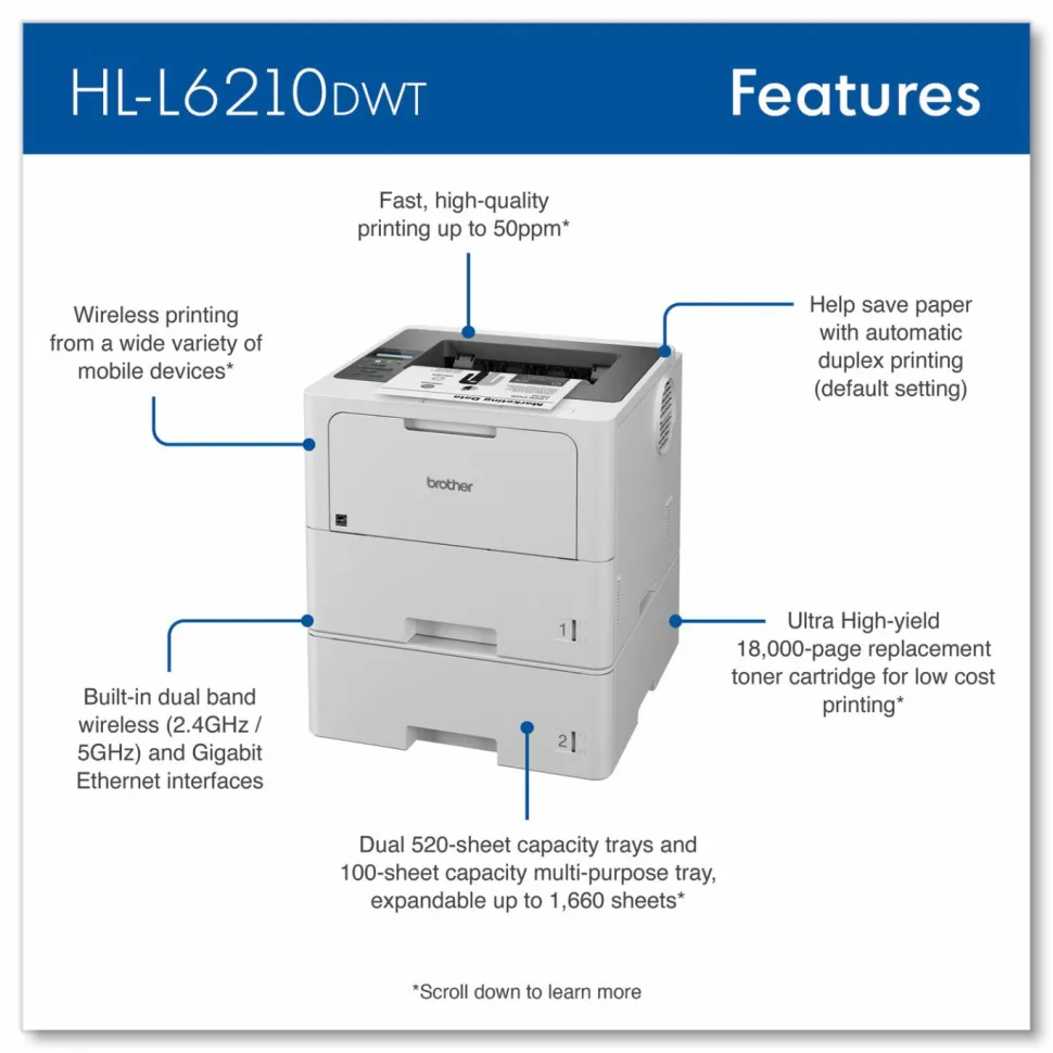 Brother HL-L6210DWT Wireless Business Monochrome Laser Printer with Dual Paper Trays