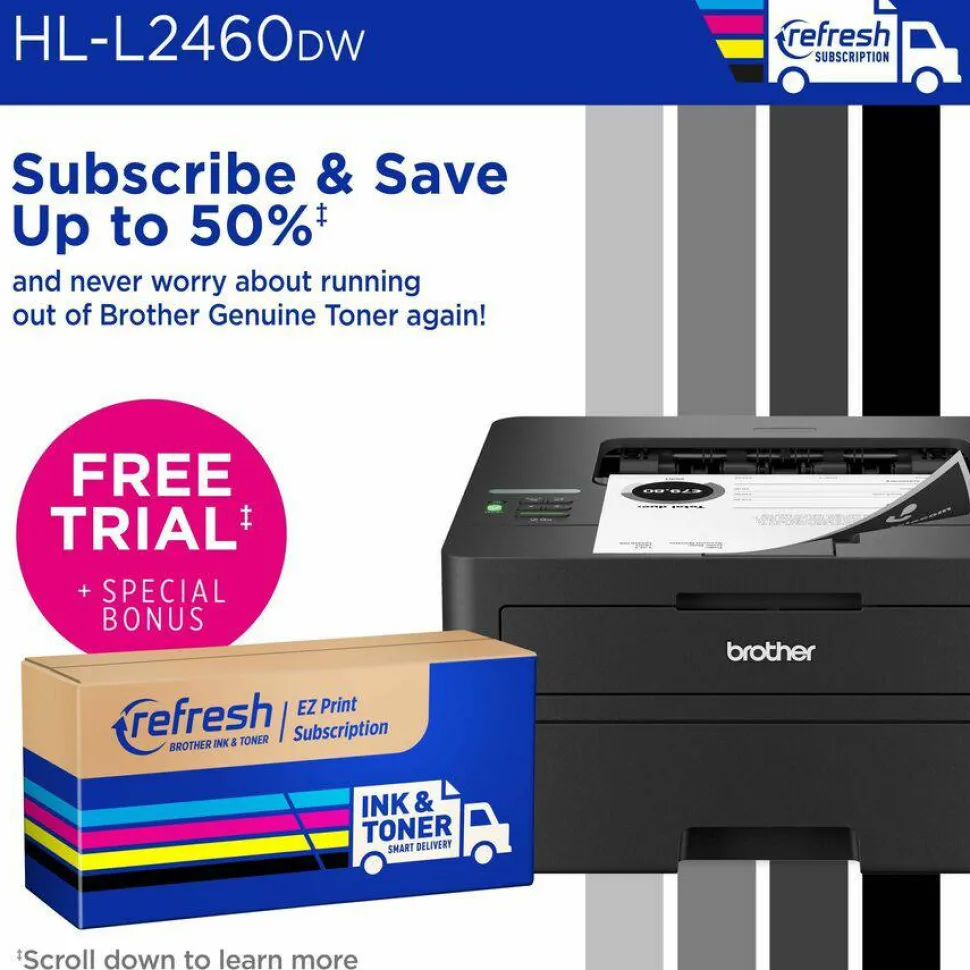 Brother HL-L2460DW Wireless Compact Monochrome Laser Printer, Duplex and Mobile Printing, Refresh EZ Print Eligibility