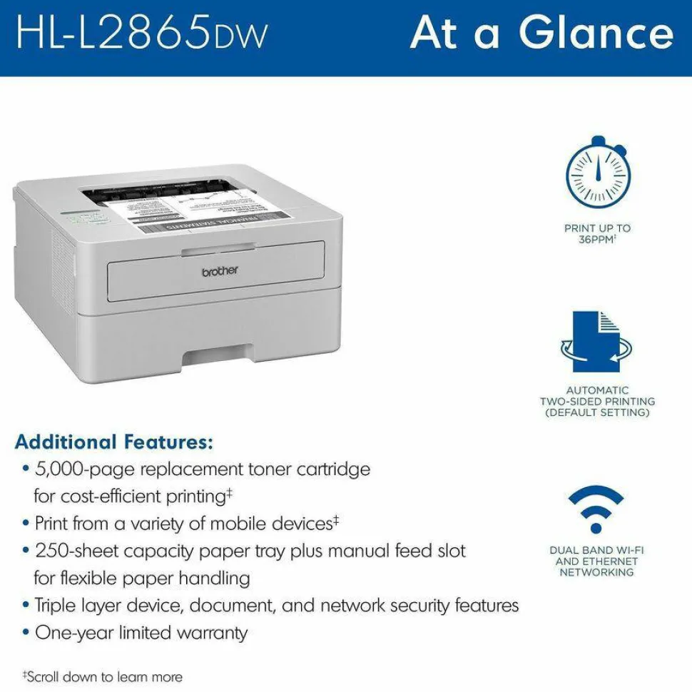 Brother HL-L2865DW Wireless Laser Printer - Monochrome