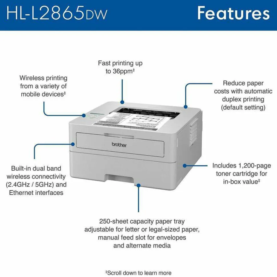 Brother HL-L2865DW Wireless Laser Printer - Monochrome