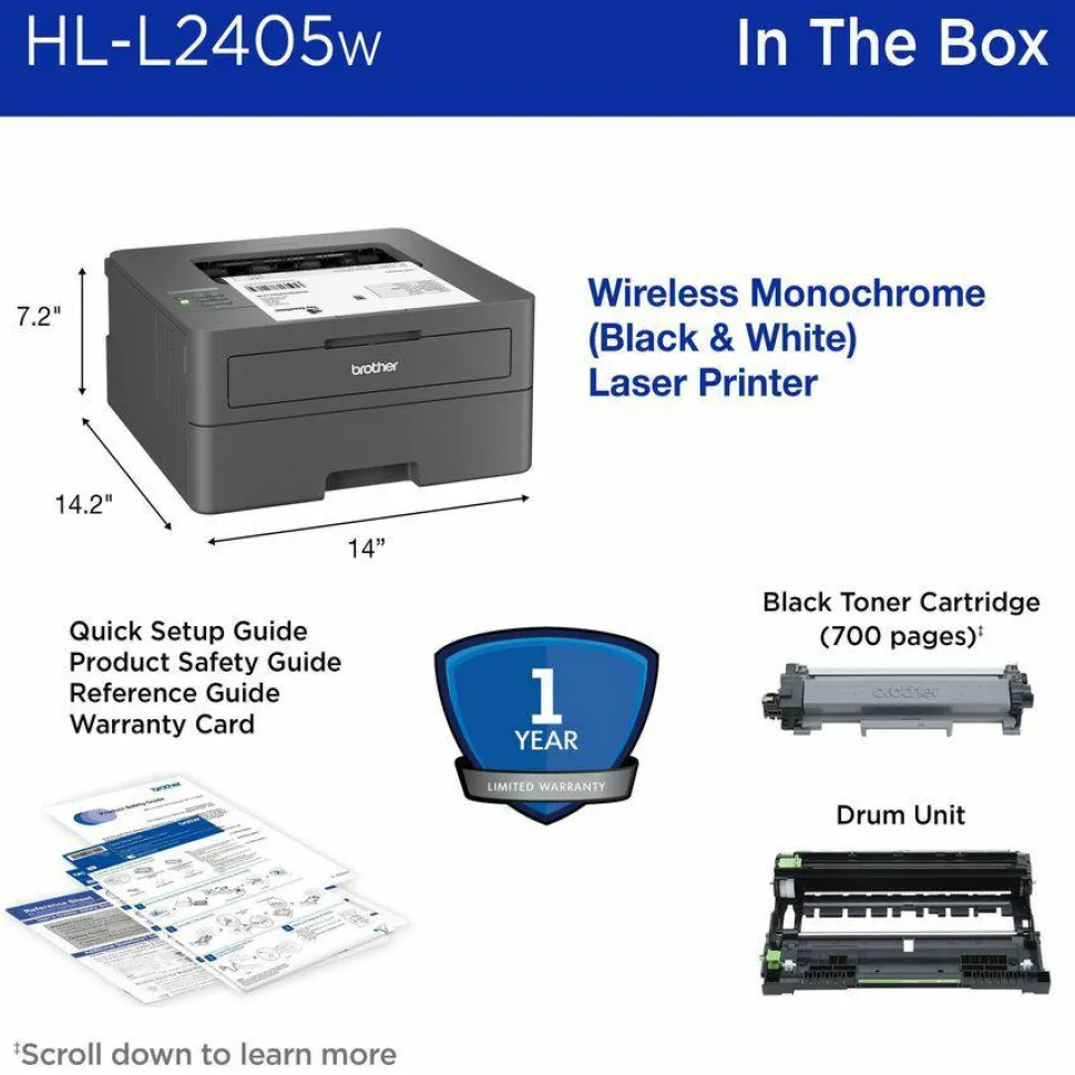 Brother HL-L2405W Wireless Compact Monochrome Laser Printer, Mobile Printing, Refresh EZ Print Eligibility