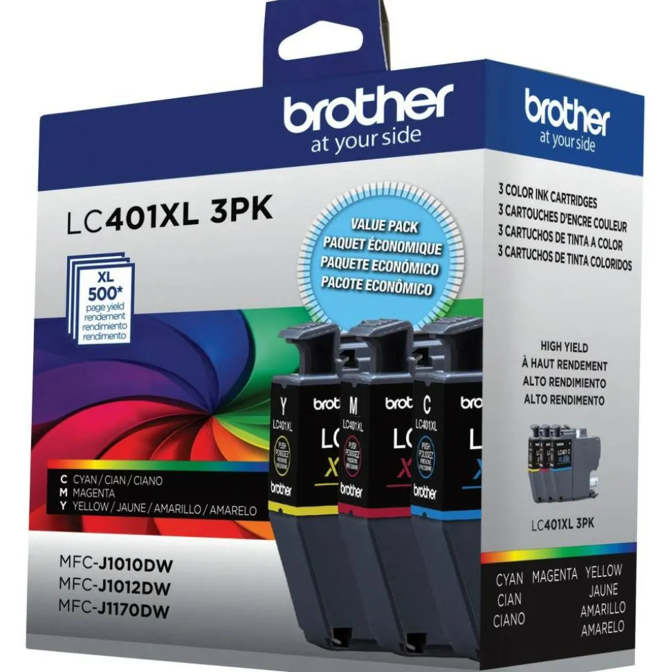 Brother LC401XL Cyan; Magenta; Yellow High-Yield Ink Cartridges, Pack Of 3, LC401XL3PKS