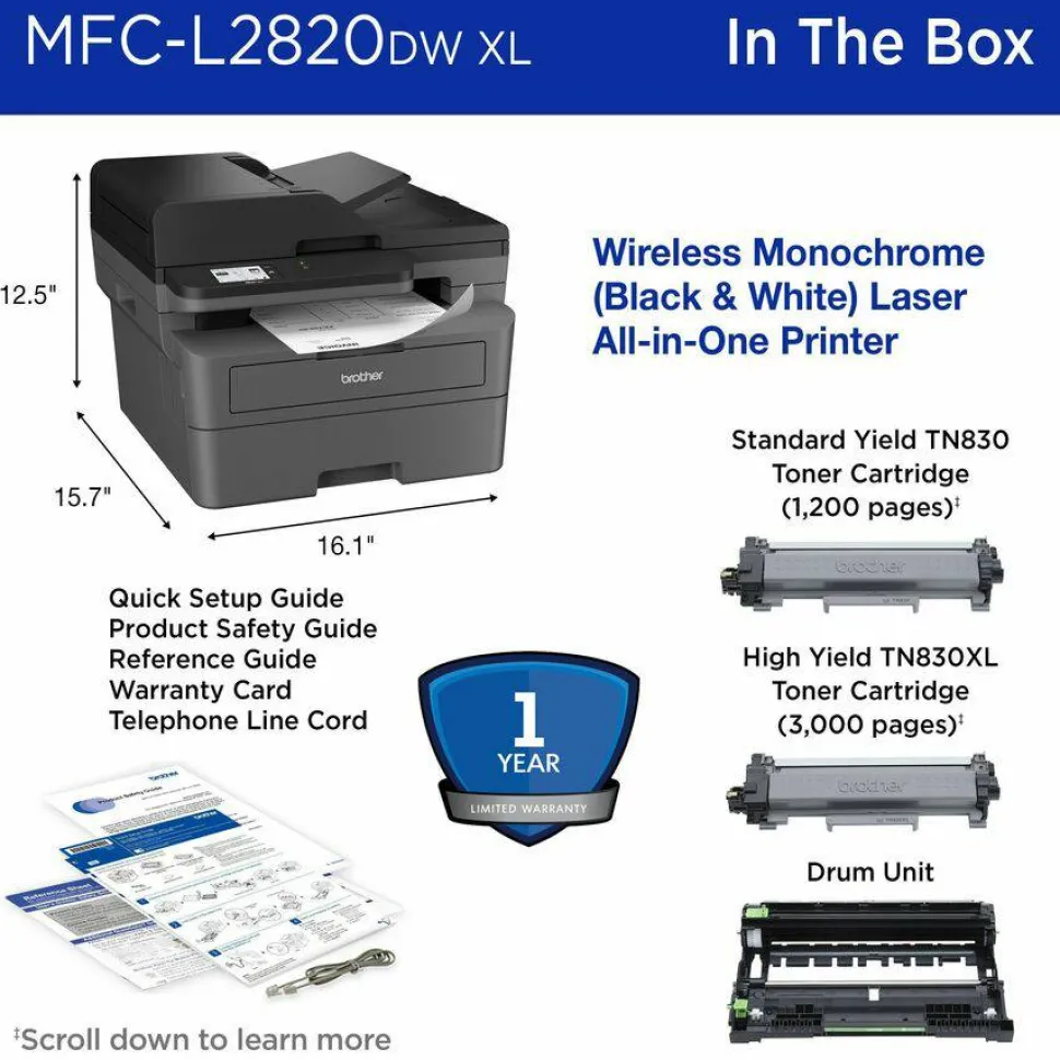 Brother MFC-L2820DW XL Wireless Compact Monochrome All-in-One Laser Printer with up to 4,200 pages of toner included