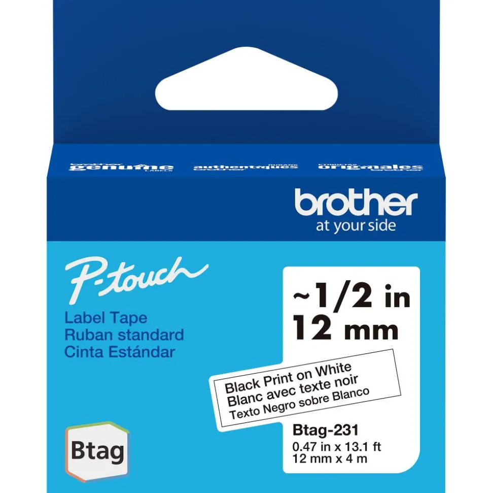Brother P-touch Btag Black on White Label Tape (BTAG231), ~1/2 in x 13.1 ft (12 mm x 4 m)