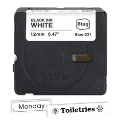 Brother P-touch Btag Black on White Label Tape (BTAG231), ~1/2 in x 13.1 ft (12 mm x 4 m)