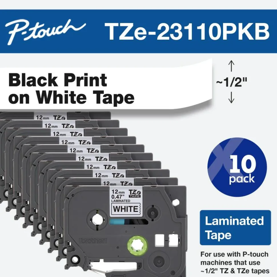 Brother P-Touch Label Maker Tape, Black/White, Pack Of 10 Rolls
