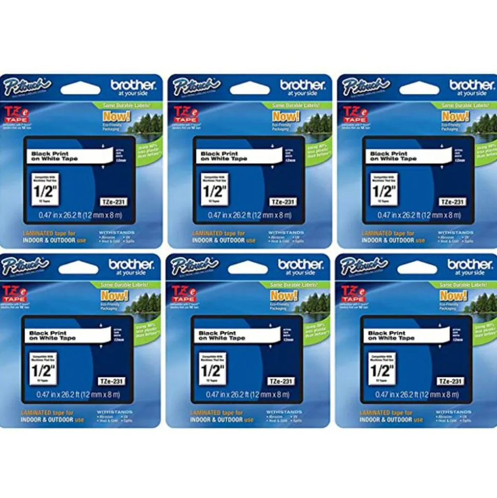 Brother P-Touch TZe-231 Label Tape, 1/2" x 26-1/4', White/Black, Pack Of 6 Rolls