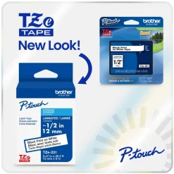 Brother P-touch TZe335, Laminated, 1/2" x 26.2 ft (12mm x 8m), White on Black Label Tape
