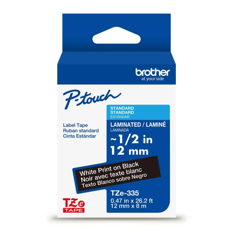 Brother P-touch TZe335, Laminated, 1/2" x 26.2 ft (12mm x 8m), White on Black Label Tape