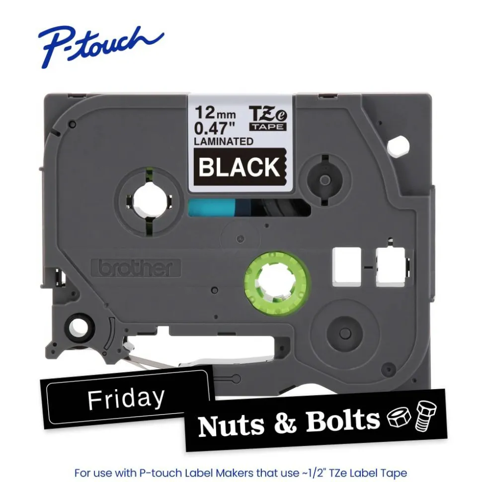 Brother P-touch TZe335, Laminated, 1/2" x 26.2 ft (12mm x 8m), White on Black Label Tape