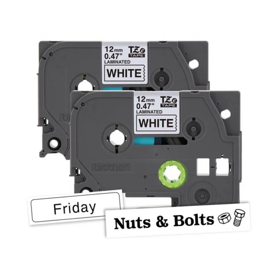 Brother P-touch TZe2312PK, Laminated, 2 X 0.47 in x 26.2 ft (12mm x 8m), Black on White Label Tape, 2 pack