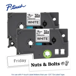 Brother P-touch TZe2412PK, Laminated, ~0.7 in x 26.2 ft (18mm x 8m), Black on White Label Tape, 2 pack