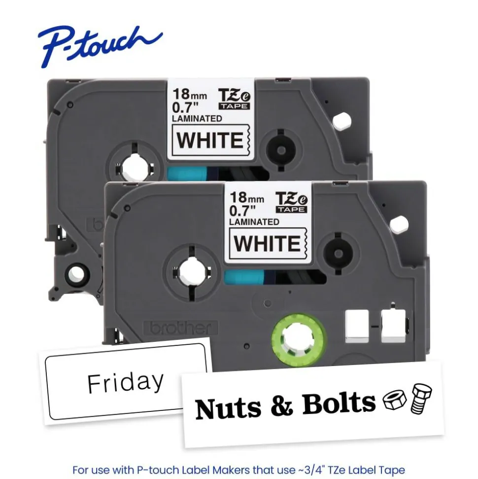 Brother P-touch TZe2412PK, Laminated, ~0.7 in x 26.2 ft (18mm x 8m), Black on White Label Tape, 2 pack
