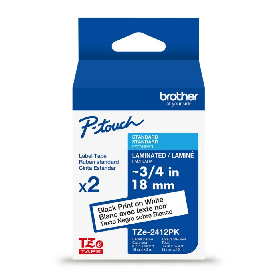 Brother P-touch TZe2412PK, Laminated, ~0.7 in x 26.2 ft (18mm x 8m), Black on White Label Tape, 2 pack