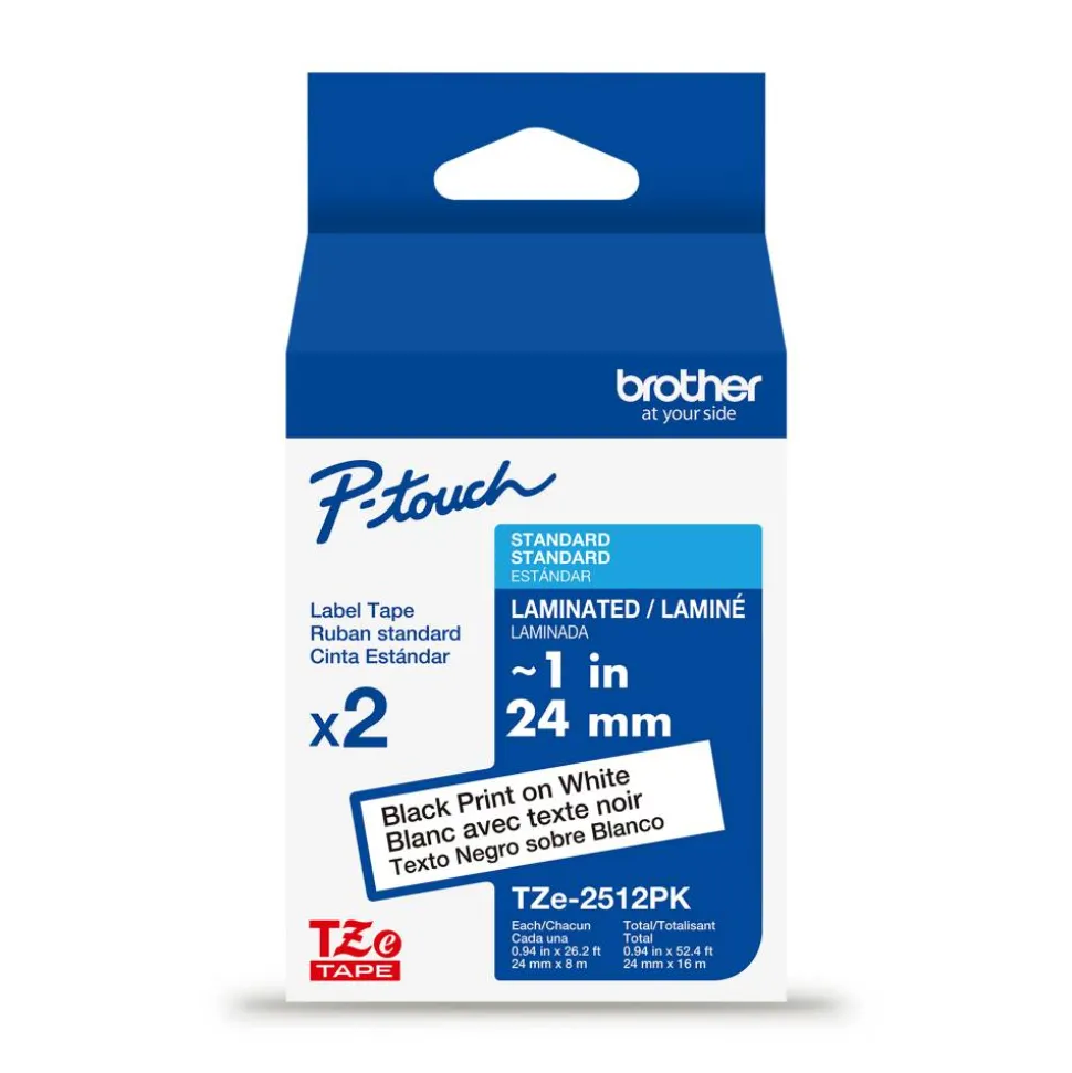 Brother P-touch TZe2512PK, Laminated, ~1" x 26.2 ft (24mm x 8m), Black on White Label Tape