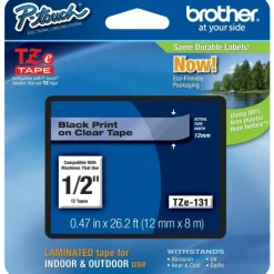 Brother TZe-131 Black-On-Clear Tape, 0.5" x 26.2'