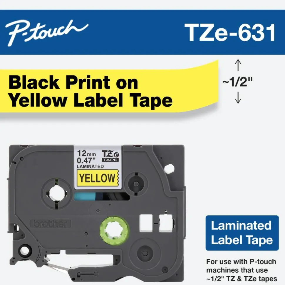 Brother TZe-631 Black-On-Yellow Tape, 0.5" x 26.2'