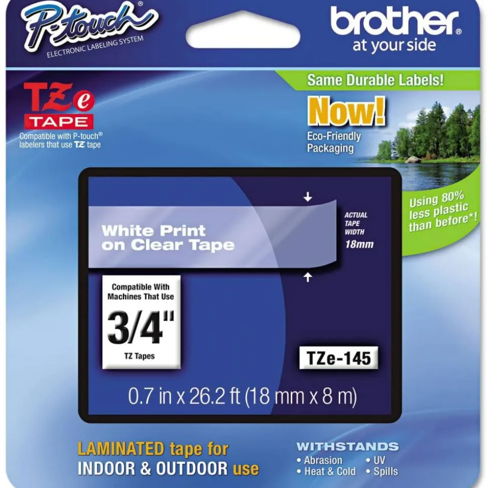 Brother TZe-145 White-On-Clear Tape, 0.75" x 26.2'