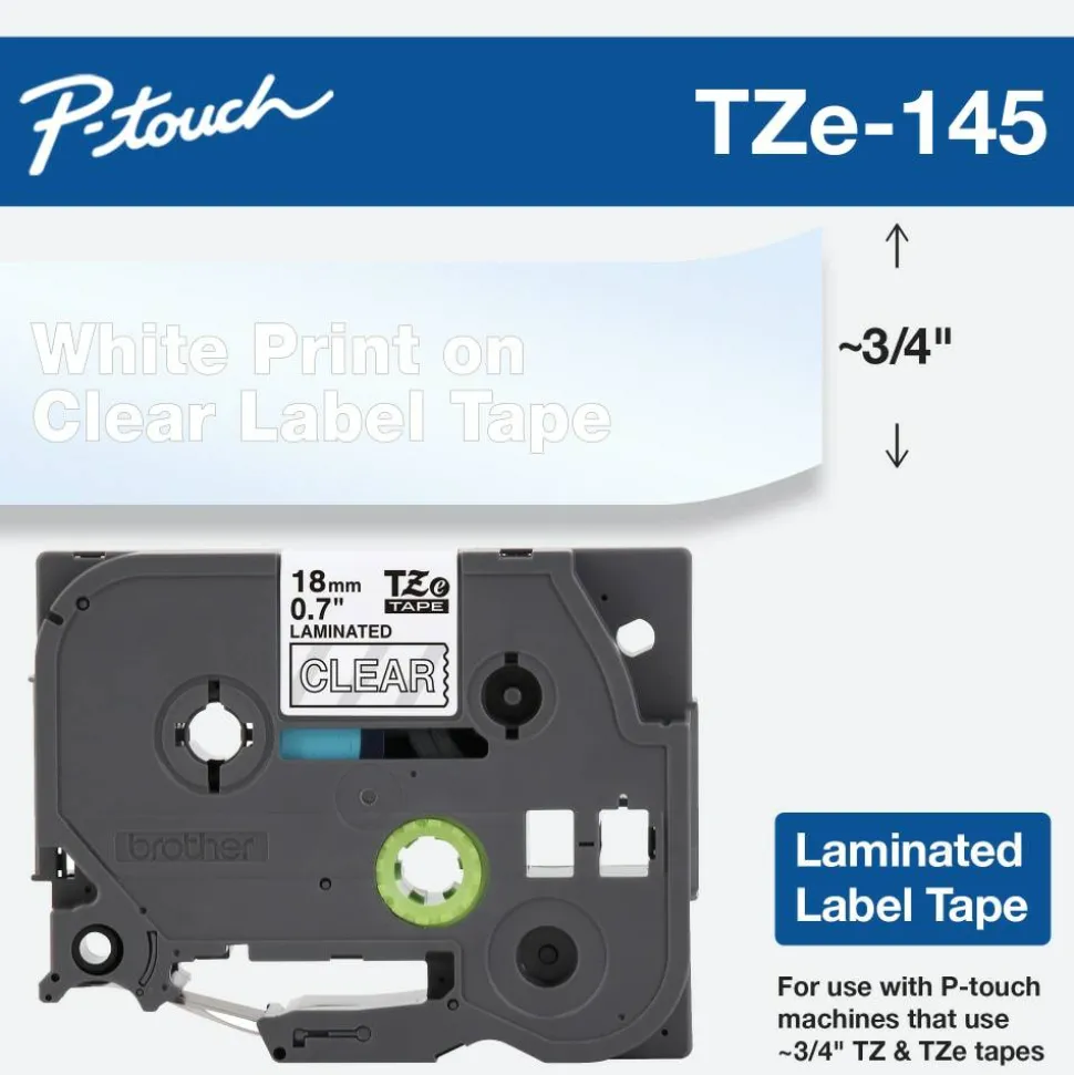 Brother TZe-145 White-On-Clear Tape, 0.75" x 26.2'