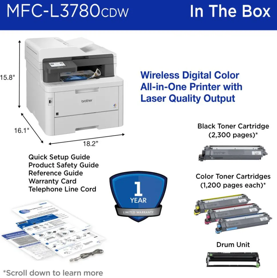 Brother Wireless MFC-L3780CDW Digital Laser Color All-in-One Printer, Copy/Fax/Print/Scan