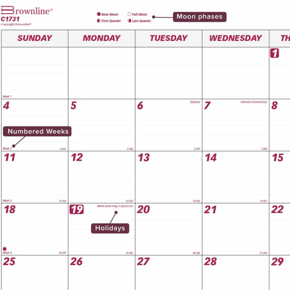 Brownline Monthly Desk Pad Calendar, 22 x 17, White/Burgundy Sheets, Black Binding, Black Corners, 12-Month (Jan to Dec): 2027, 2027 Calendar