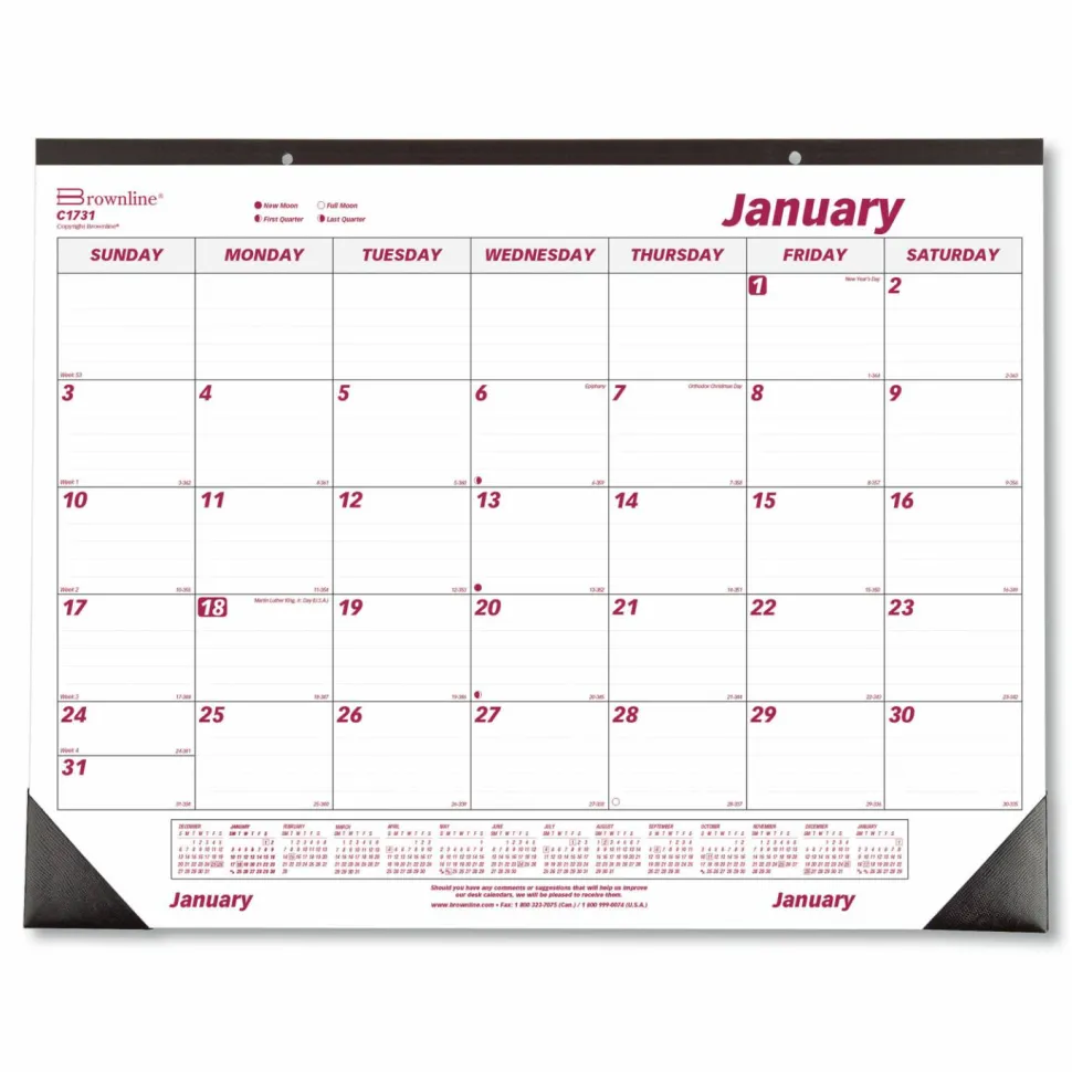 Brownline Monthly Desk Pad Calendar, 22 x 17, White/Burgundy Sheets, Black Binding, Black Corners, 12-Month (Jan to Dec): 2027, 2027 Calendar