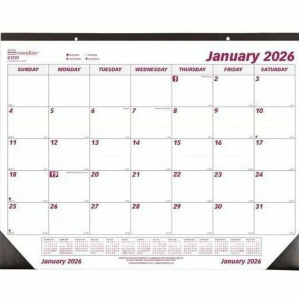 Brownline Monthly Desk Pad Calendar, 22 x 17, White/Burgundy Sheets, Black Binding, Black Corners, 12-Month (Jan to Dec): 2027, 2027 Calendar