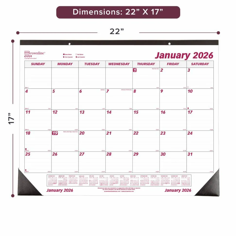 Brownline Monthly Desk Pad Calendar, 22 x 17, White/Burgundy Sheets, Black Binding, Black Corners, 12-Month (Jan to Dec): 2027, 2027 Calendar