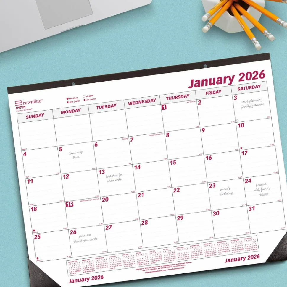 Brownline Monthly Desk Pad Calendar, 22 x 17, White/Burgundy Sheets, Black Binding, Black Corners, 12-Month (Jan to Dec): 2027, 2027 Calendar