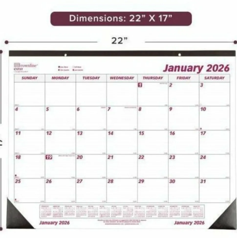Brownline Monthly Desk Pad Calendar, 22 x 17, White/Burgundy Sheets, Black Binding, Black Corners, 12-Month (Jan to Dec): 2027, 2027 Calendar