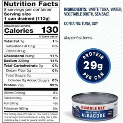 Bumble Bee Solid White Albacore Tuna in Water, 5 oz Can, 8/Pack