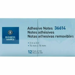 Business Source 3" Plain Pastel Colors Adhesive Notes - 100 Sheets, 12 Pads - 3"x 3" - Square - Assorted - 36614