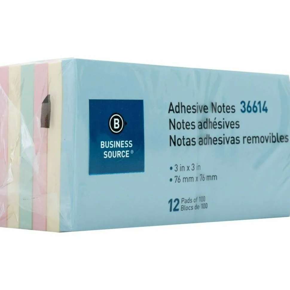 Business Source 3" Plain Pastel Colors Adhesive Notes - 100 Sheets, 12 Pads - 3"x 3" - Square - Assorted - 36614