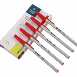 Business Source Ballpoint Stick Pens, Medium Point, Light Gray Barrel, Red Ink, Pack Of 12 Pens