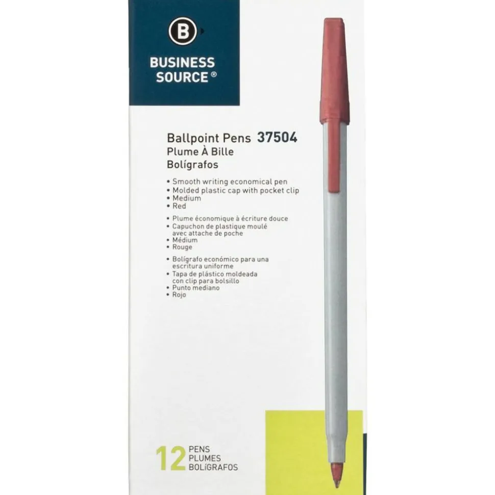 Business Source Ballpoint Stick Pens, Medium Point, Light Gray Barrel, Red Ink, Pack Of 12 Pens