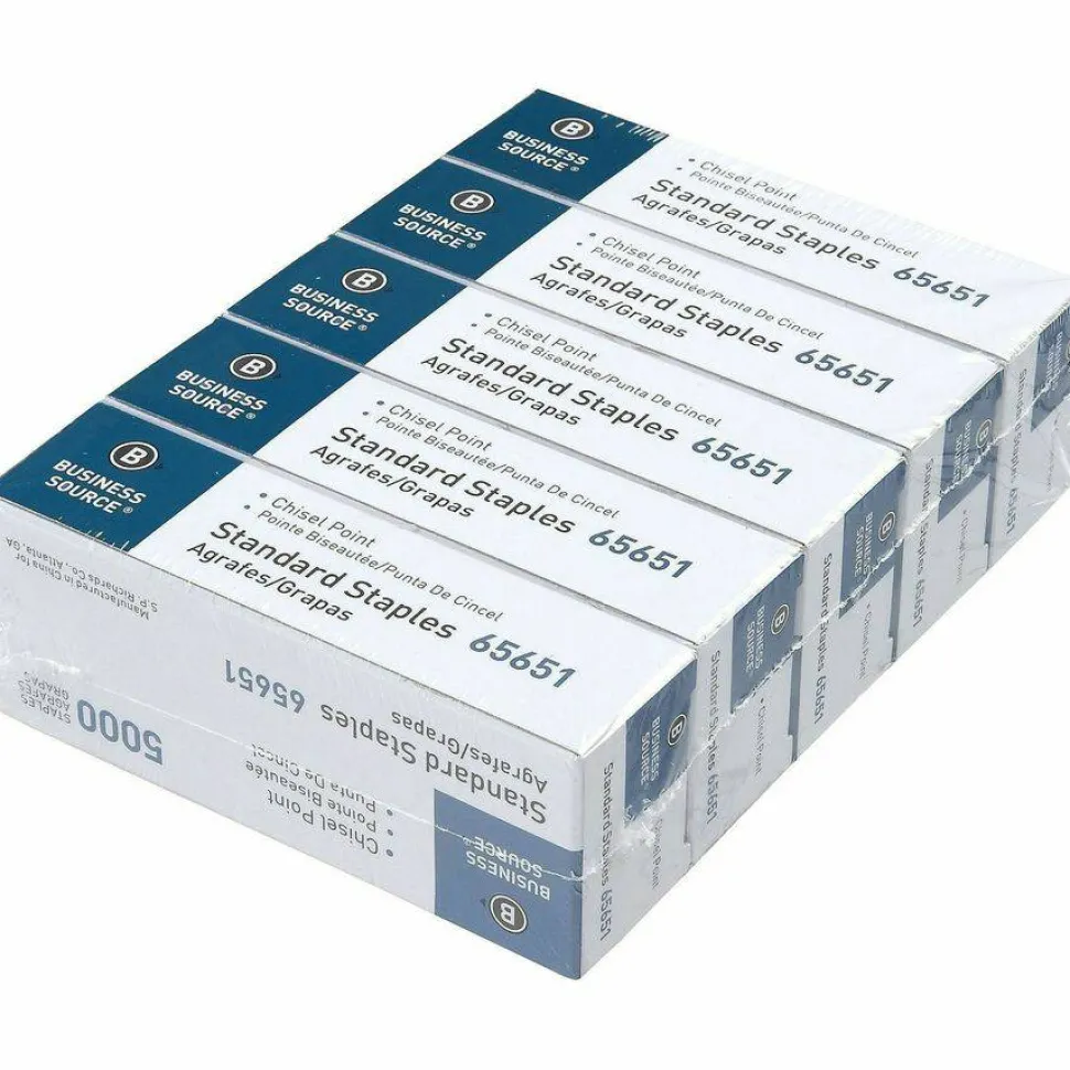 Business Source Chisel Point Standard Staples, 210 Per Strip, 1/4" Leg, 1/2" Crown, 5,000 Box, 5 Boxes - 65651